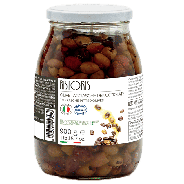 TAGGIASCHE PITTED OLIVES IN BLEND OF OILS: EXTRA VIRGIN + SUNFLOWER OIL